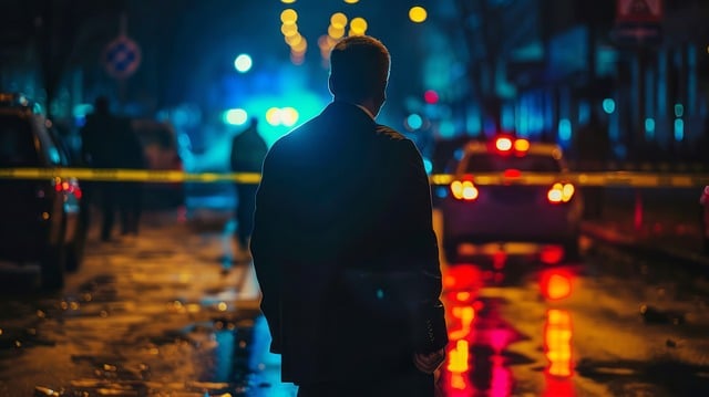 un uomo in strada con luci di città che ricorda un thriller