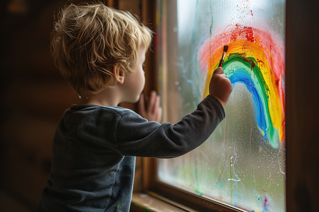 bambino disegna un arcobaleno sulla finestra