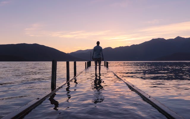 un uomo guarda il panorama da un molo